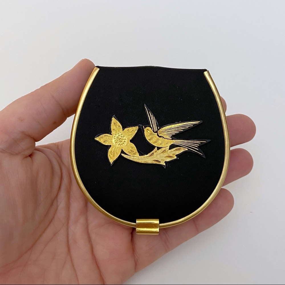 Vintage Black Satin Golden Damascene Floral Bird Appliqué Powder Mirror Compact - Picture 2 of 8